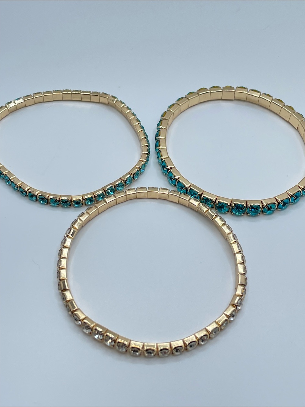 Gold Tone Blue Crystal Glass Stretch Bracelet Stack Set Sparkly Glam - Picture 2 of 6